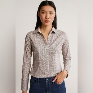 Express Button-Down Shirt Medium – Gray Stripe & Abstract Print Blouse